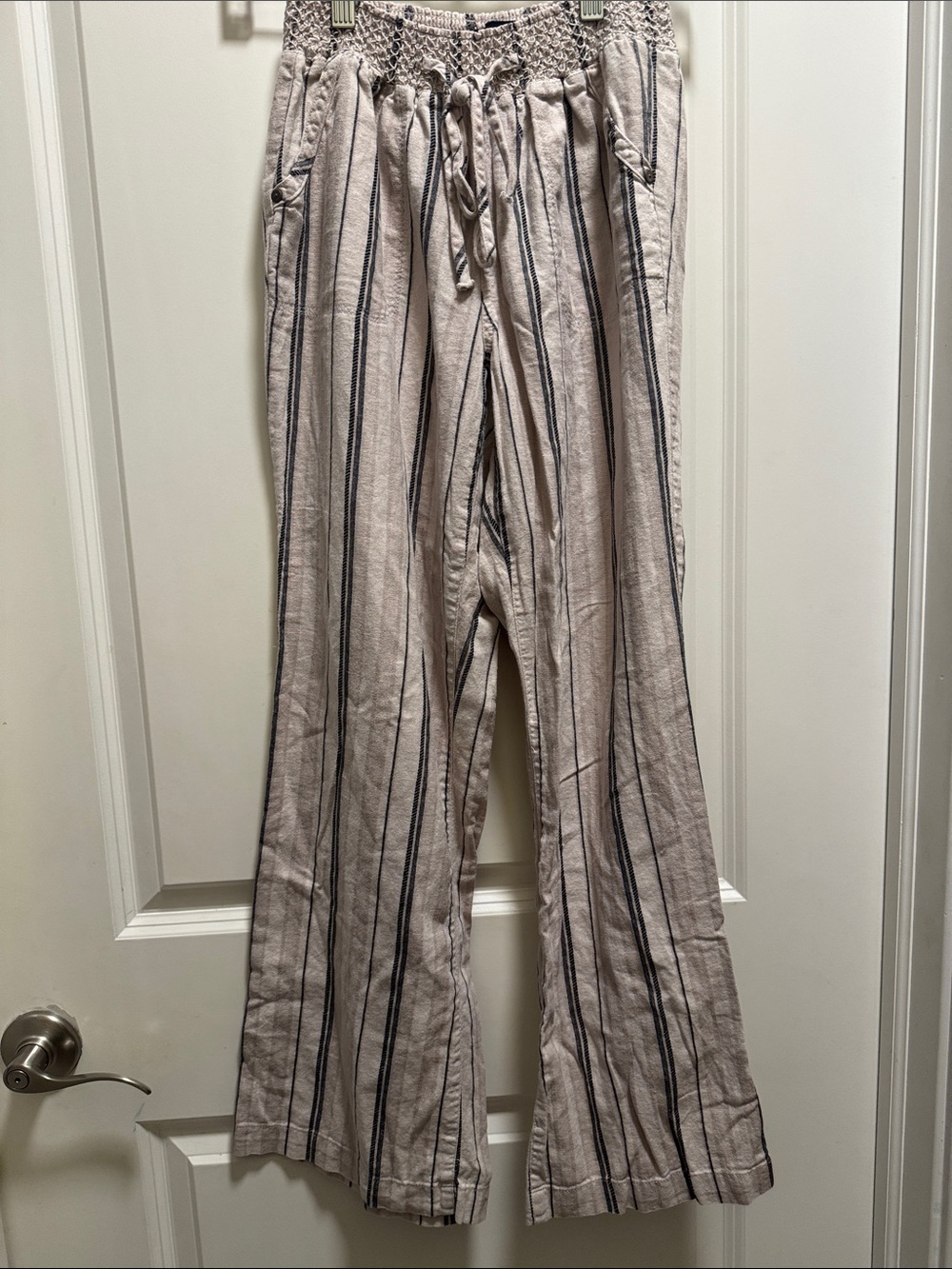 Woman M Cream Stripe Drawstring Pants linen
